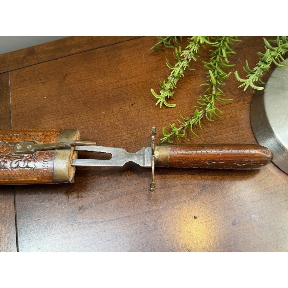 Vtg East India Knife & Fork Carving Set Brass Accents Carved Wood Handles